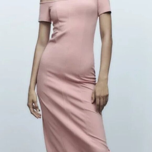 ZARA NWT Baby Light Pink Topstitched Off the Shoulder Bodycon Midi Dress Size M - Picture 2 of 16